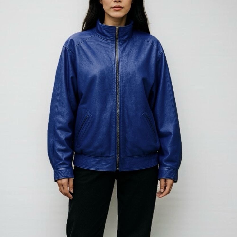 Vintage 80’s Unisex Raglan Sleeve Leather Bomber Jacket In Cobalt Blue | Size 48